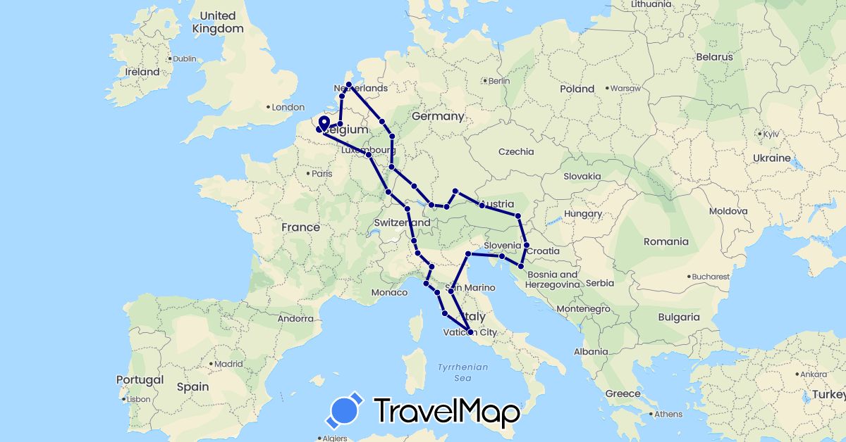 TravelMap itinerary: driving in Austria, Belgium, Switzerland, Germany, France, Croatia, Italy, Luxembourg, Netherlands (Europe)