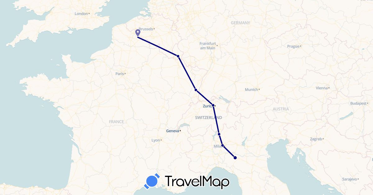 TravelMap itinerary: driving in Switzerland, France, Italy, Luxembourg (Europe)